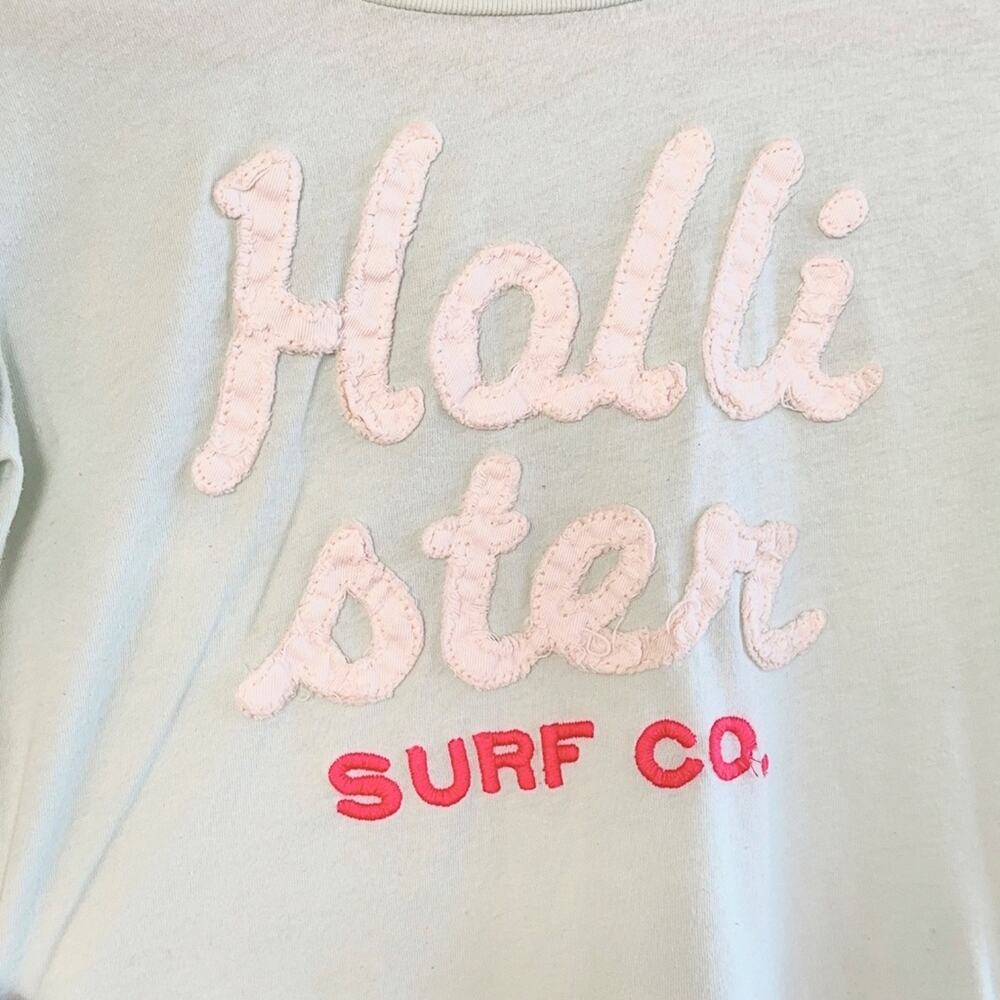 Vtg Y2K Hollister Surf Co Graphic Baby Tee Mint Blue Stitched Spellout Tee S - Picture 5 of 9